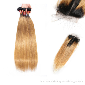 Huashuo 50% OFF Ombre Full Cuticle Aligned Silky Straight Brazilian Hair Bundles With Closure100% Virgin Human Hair Extensions